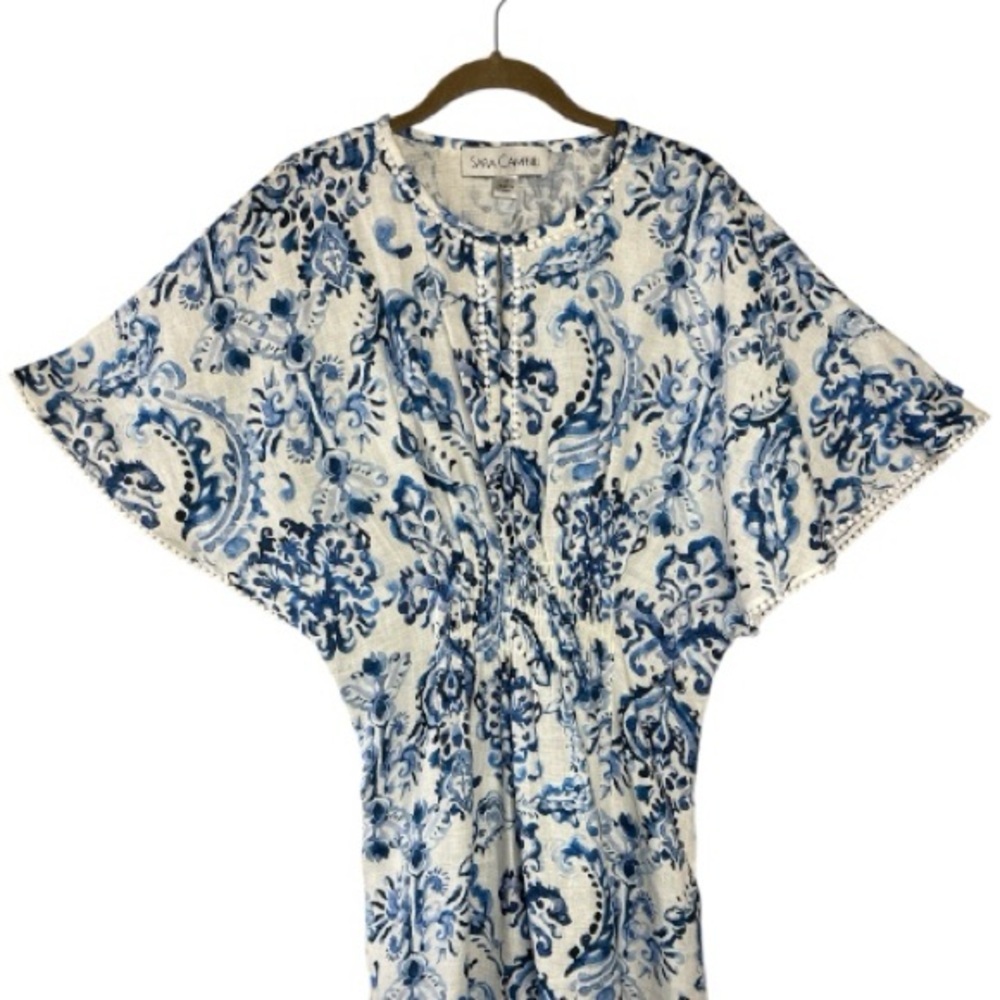 Sara Campbell Blue White Linen Kaftan Dress | Small | Coastal Resort - Picture 3 of 14